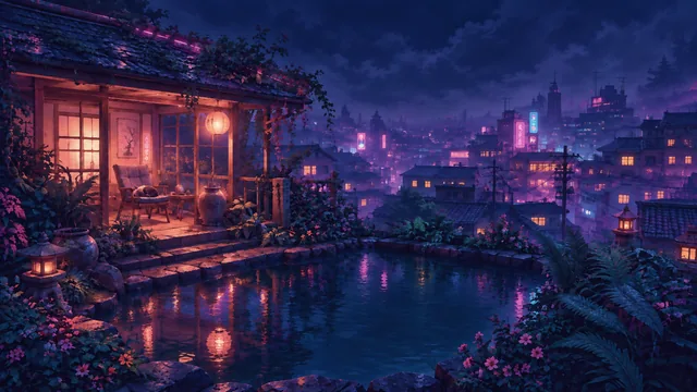 The same rooftop in the evening: indigo clouds, a darker city and warm lantern light.