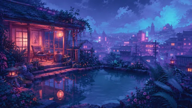 Neon rain on arrival: a rooftop tea shelter and pond under a bright blue rainy sky.